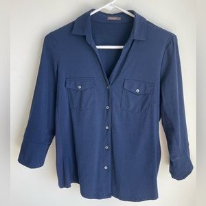 J MCLAUGHLIN Womens jersey Knit Button Front 3/4 Sleeve Blouse Navy Blue Size M